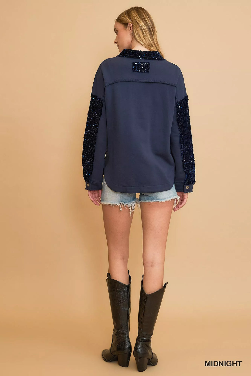 Midnight blue sequined French terry jacket, back view, long sleeves and banded hem