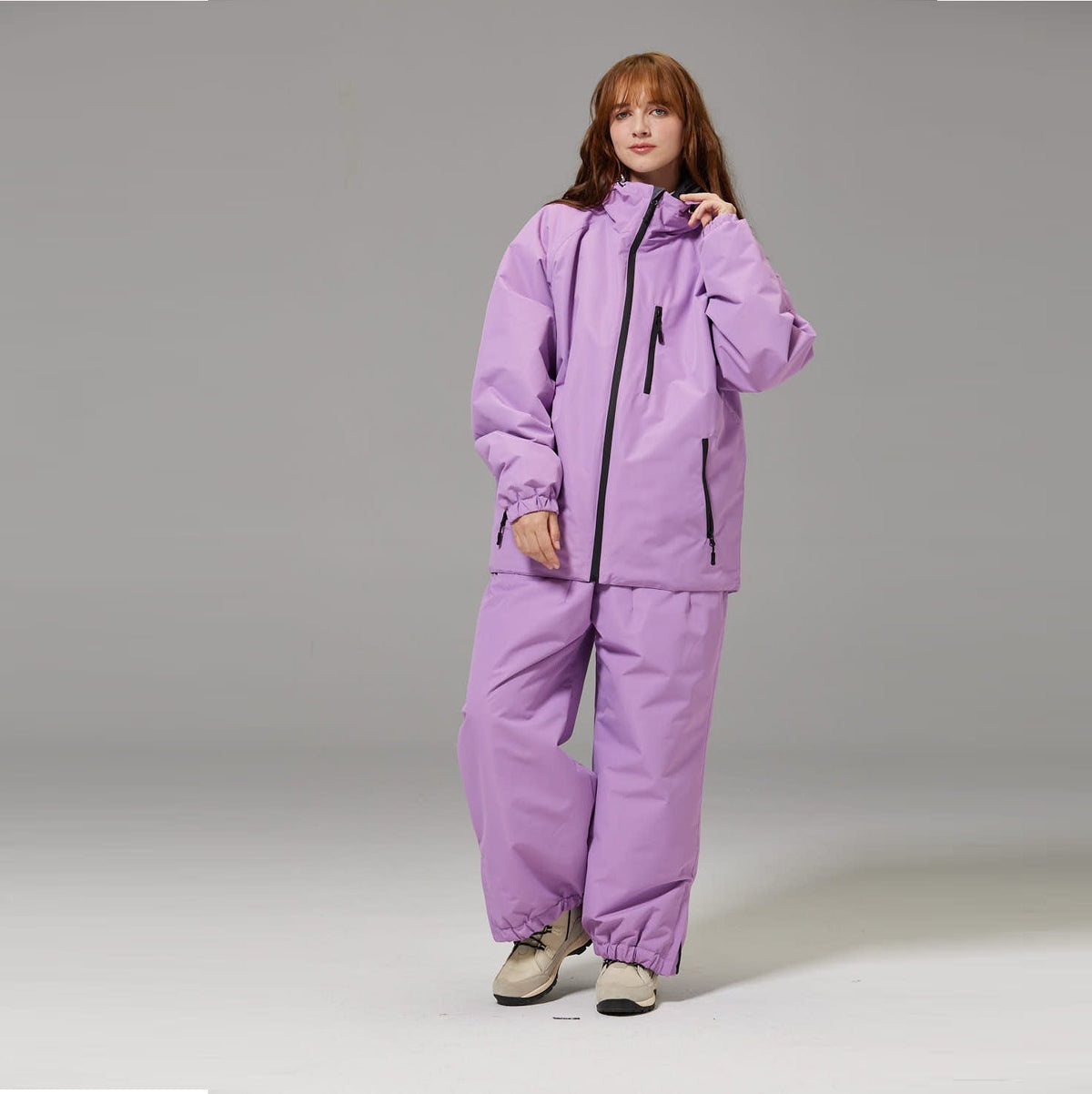 Unisex lavender ski suit set with hooded zip jacket and loose waterproof pants