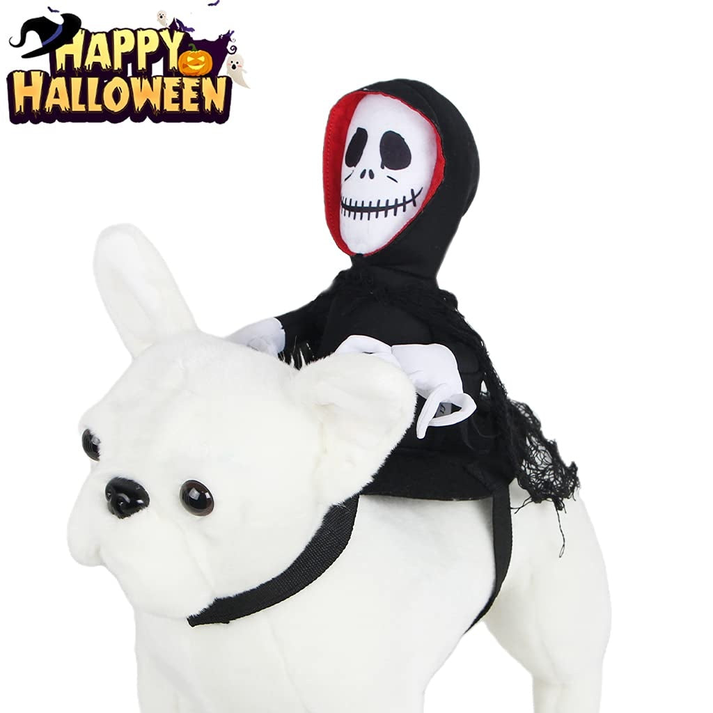 Black skull-hood pet costume with white plush rabbit riding accessory