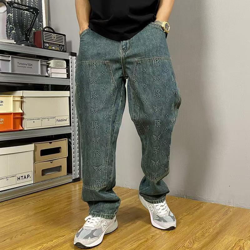 Men's loose straight-leg denim trousers, blue-green vintage wash, allover print detailing