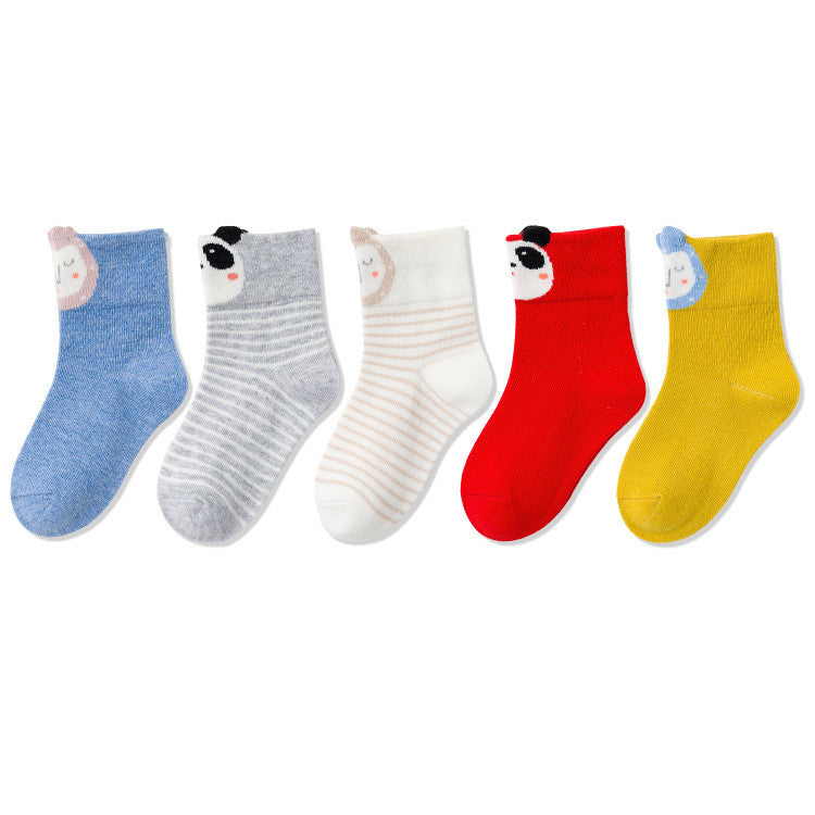 Assorted children’s tube socks with animal faces in blue, gray, white, red, and yellow