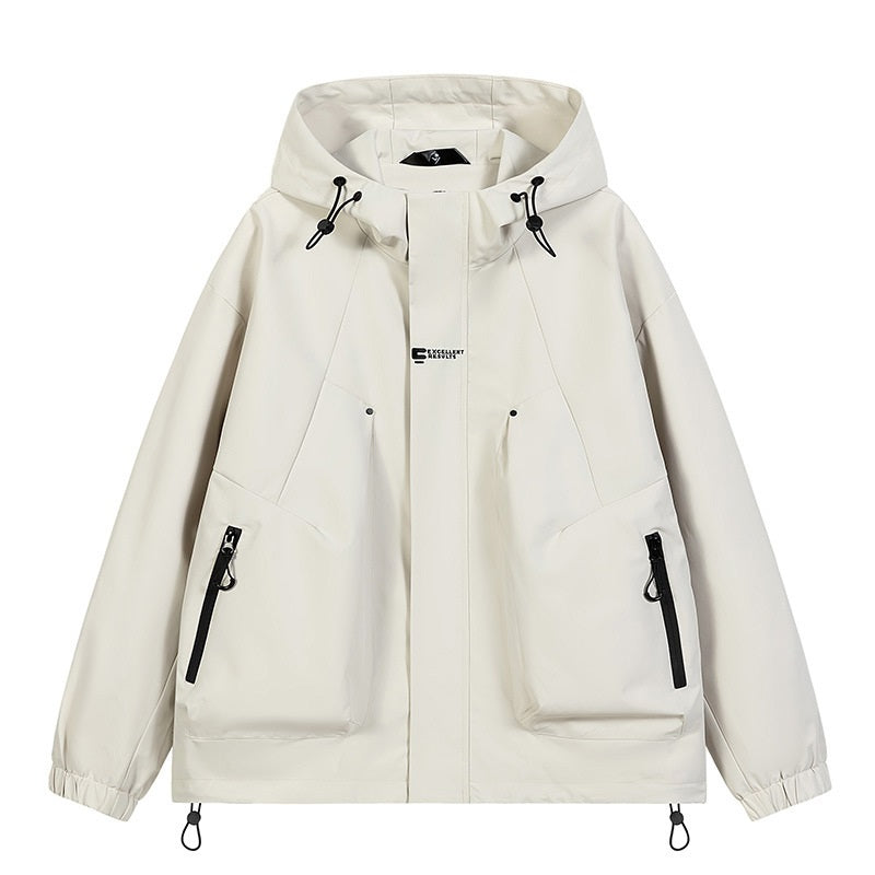 Light khaki hooded waterproof windproof jacket with front zipper and drawcord cuffs
