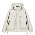 Light khaki hooded waterproof jacket with drawstring hood and two zippered side pockets
