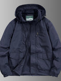 Men's waterproof hooded outdoor jacket, dark blue with front zip and chest pockets