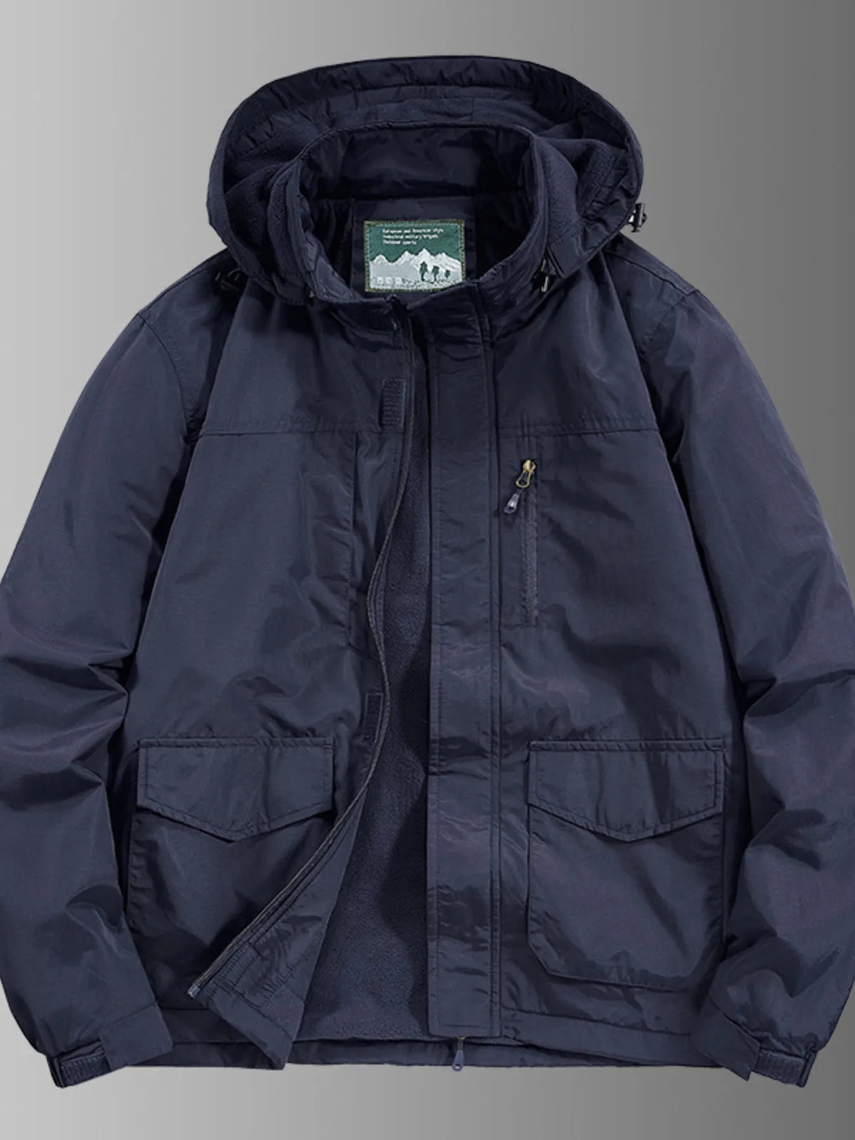 Men's waterproof hooded outdoor jacket, dark blue with front zip and chest pockets