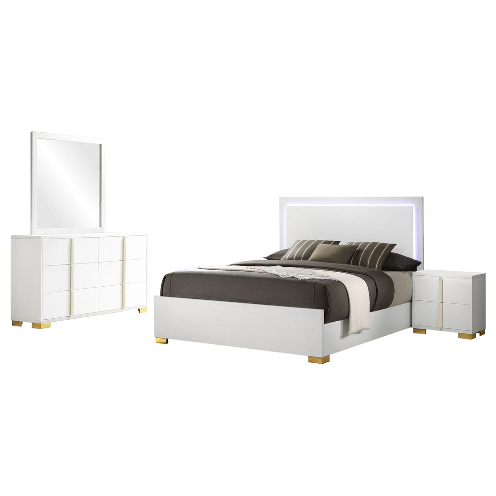 White queen bed with gray striped bedding, flanked by two nightstands and wall mirror