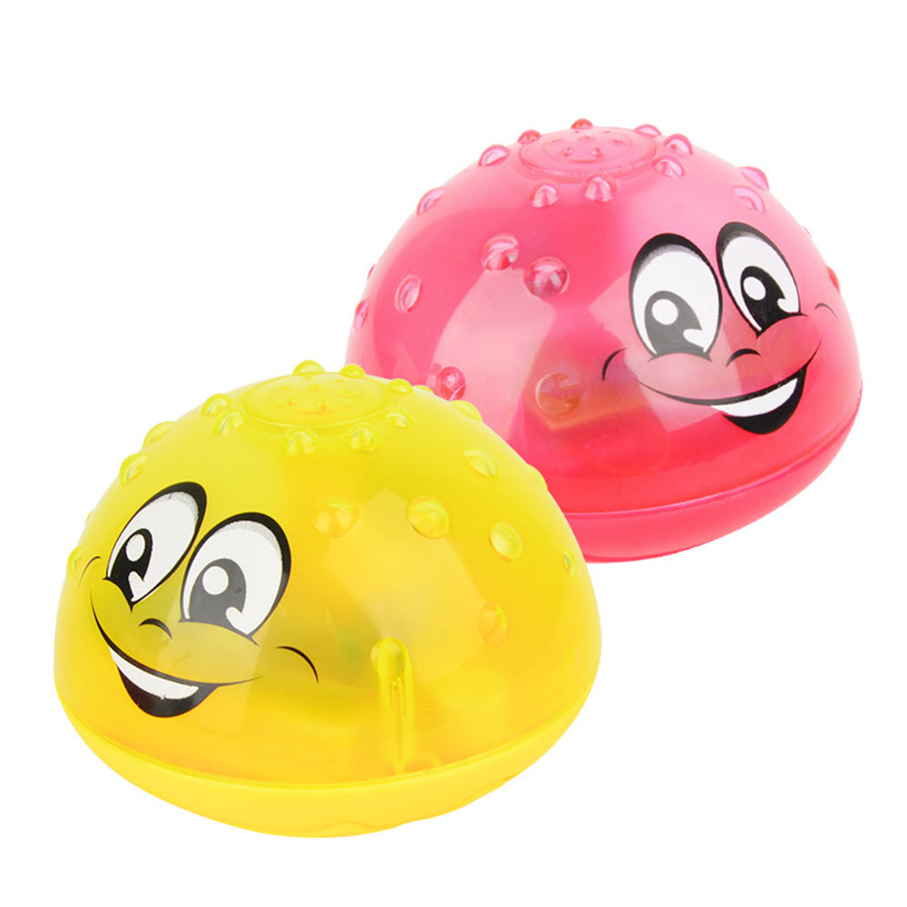 Pair of cartoon UFO water sprinkler toys: red and yellow smiling domes