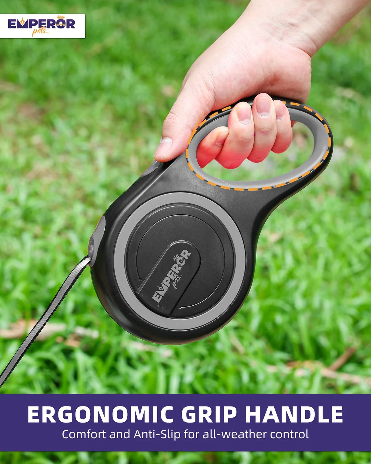 Gray retractable dog leash with ergonomic handle and anti-slip grip