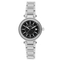 Mathey Tissot women's watch with a black dial, silver-tone link bracelet, and crystal-set bezel