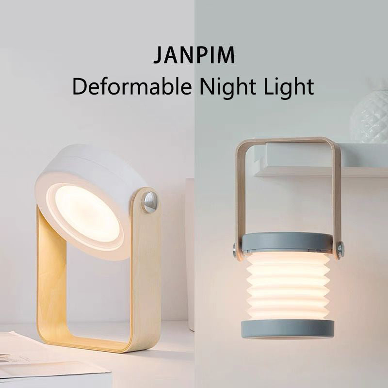 Deformable night light lantern with warm light, light wood frame and gray base