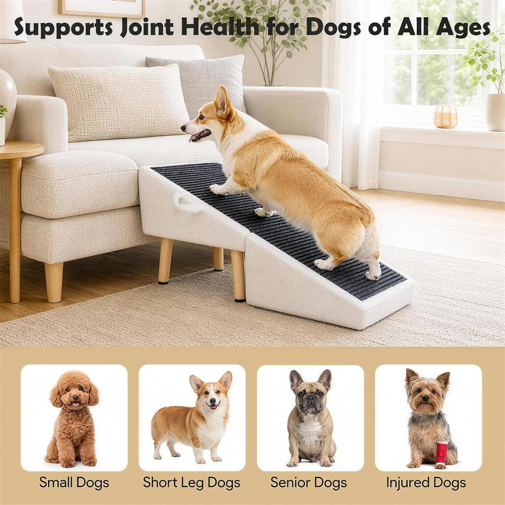 White dog ramp ottoman with dark tread, shown beside a sofa for dogs to climb
