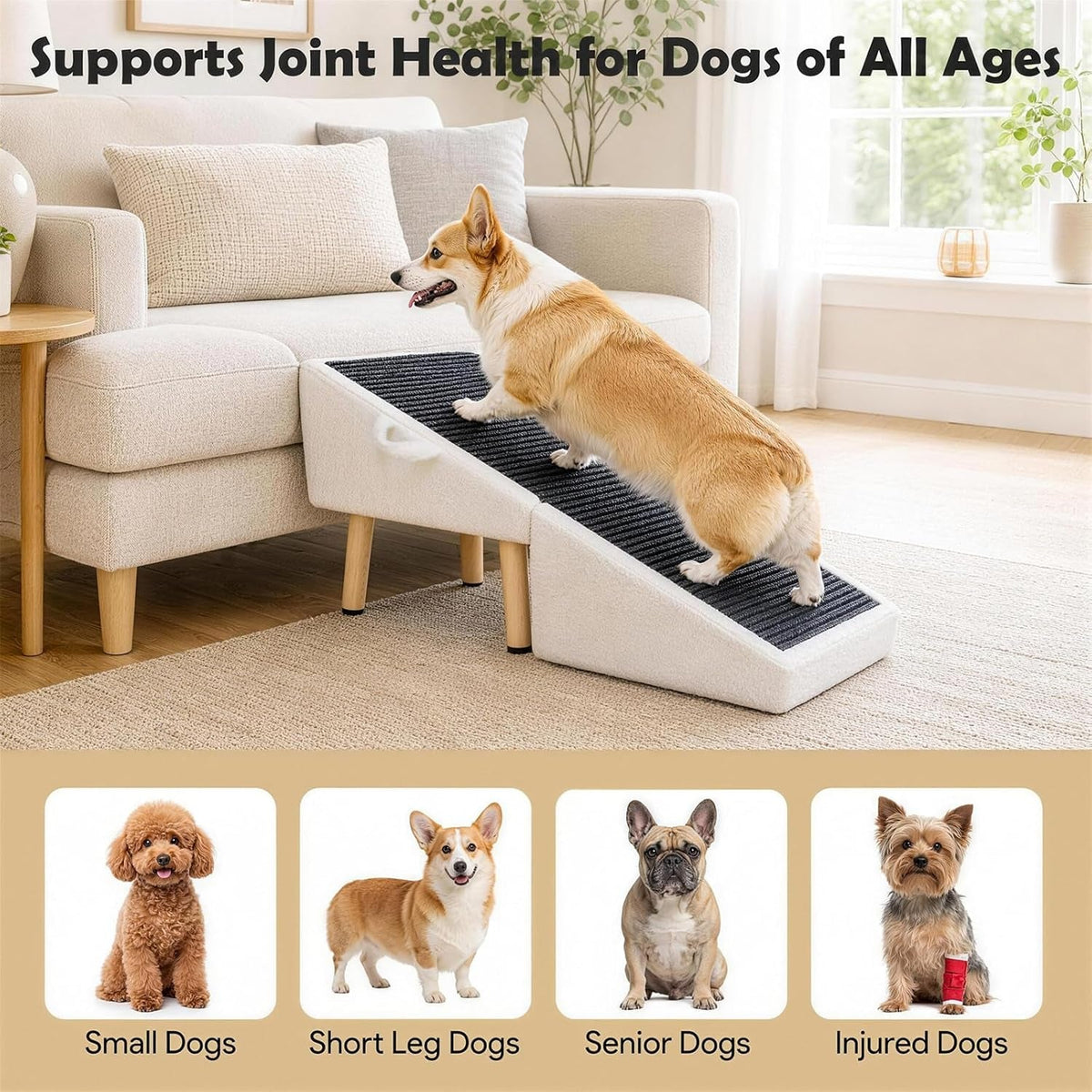White dog ramp ottoman with dark tread, shown beside a sofa for dogs to climb