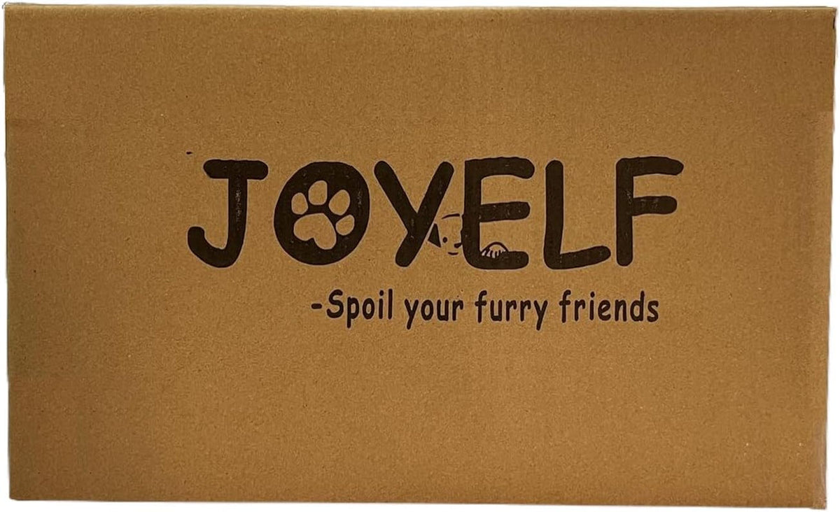 JOYELF shipping carton front with paw logo and 'Spoil your furry friends' text