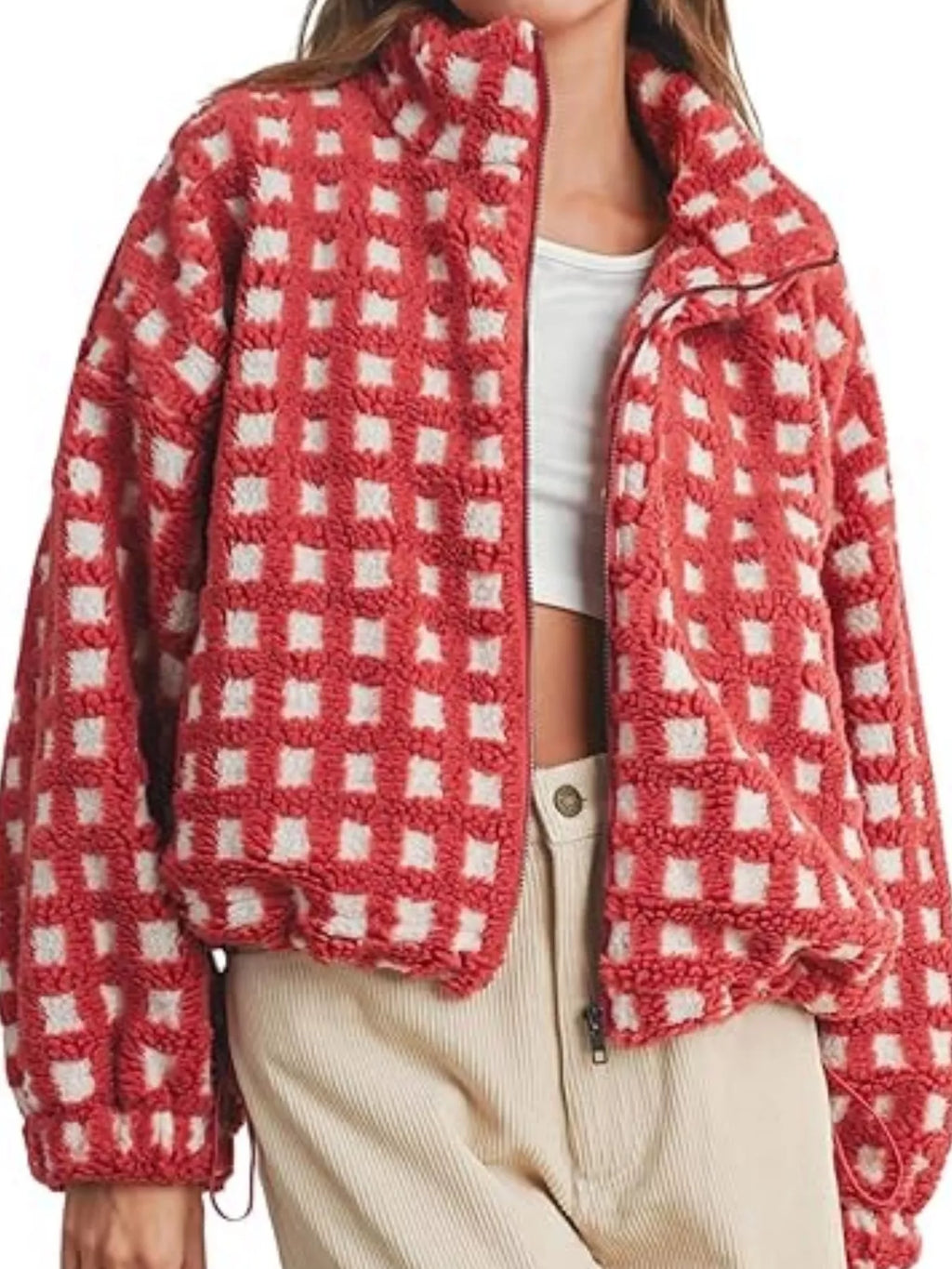 Red plaid zip-up sherpa jacket with high collar and textured fleece look