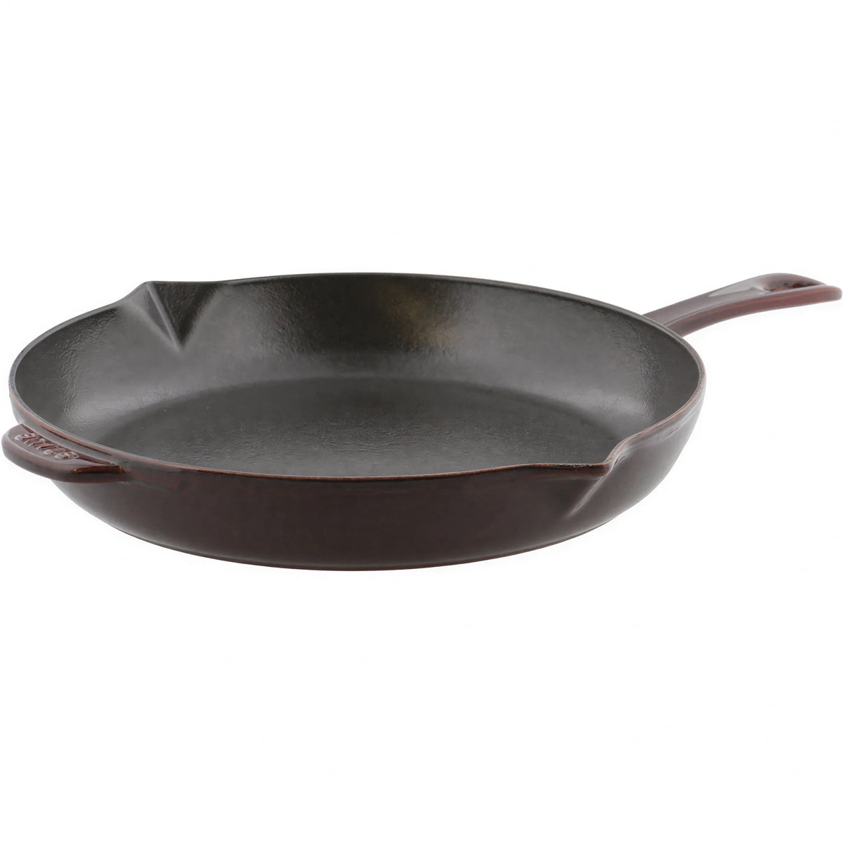 Enameled cast iron frying pan with helper handle and pour spout, dark finish