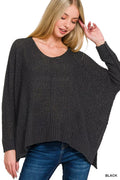 Black dolman-sleeve V-neck knit sweater, relaxed drape and ribbed cuffs