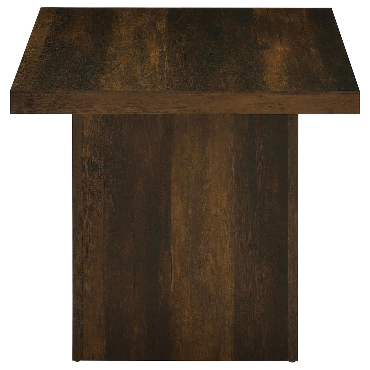 Dark pine square side table with flat top and straight-sided pedestal base