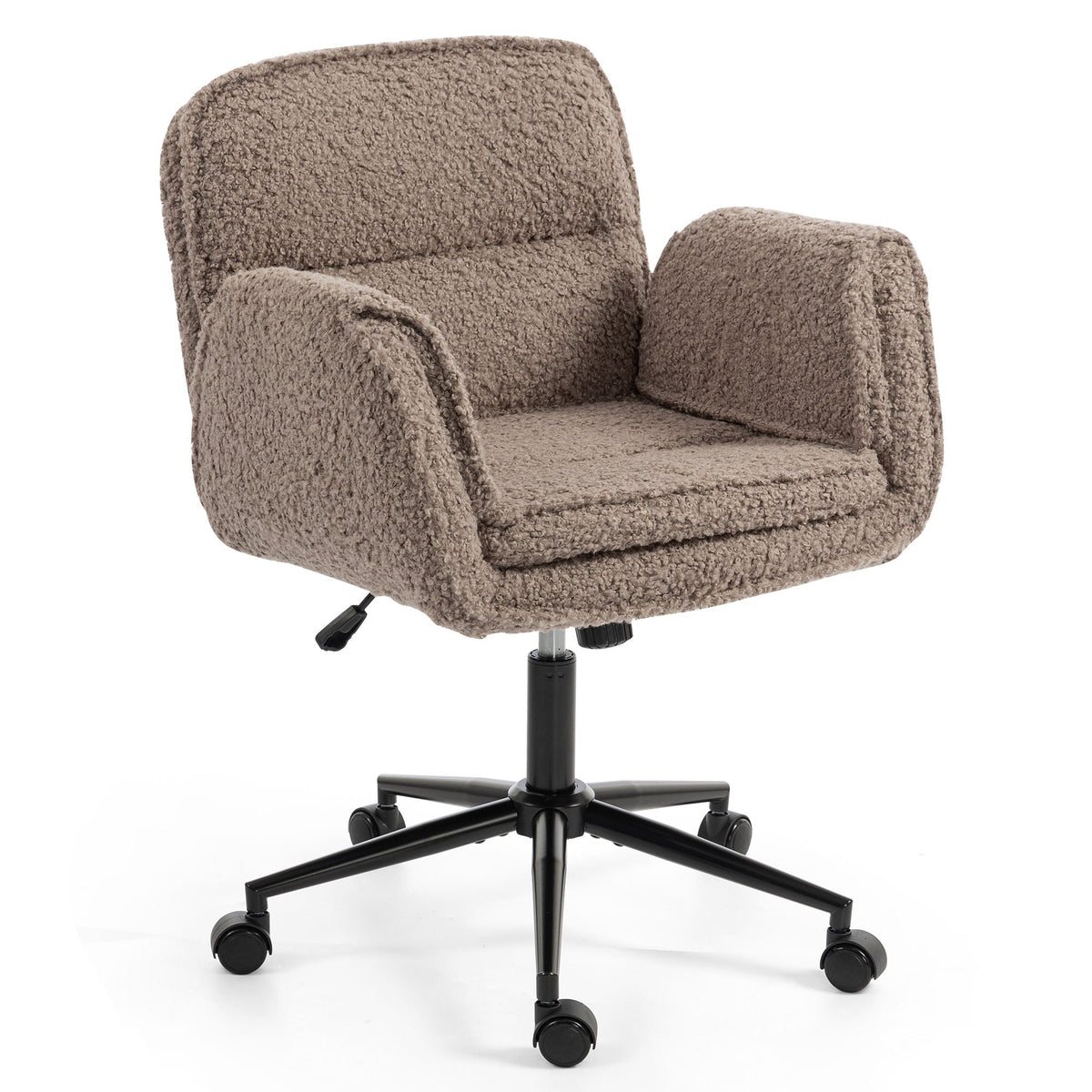 Dark brown fabric swivel desk chair with thick cushioned seat, armrests, and casters