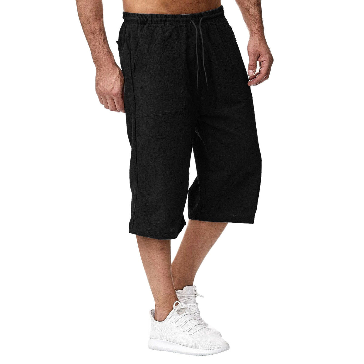 Men's black cotton-linen drawstring shorts with elastic waist and side pockets