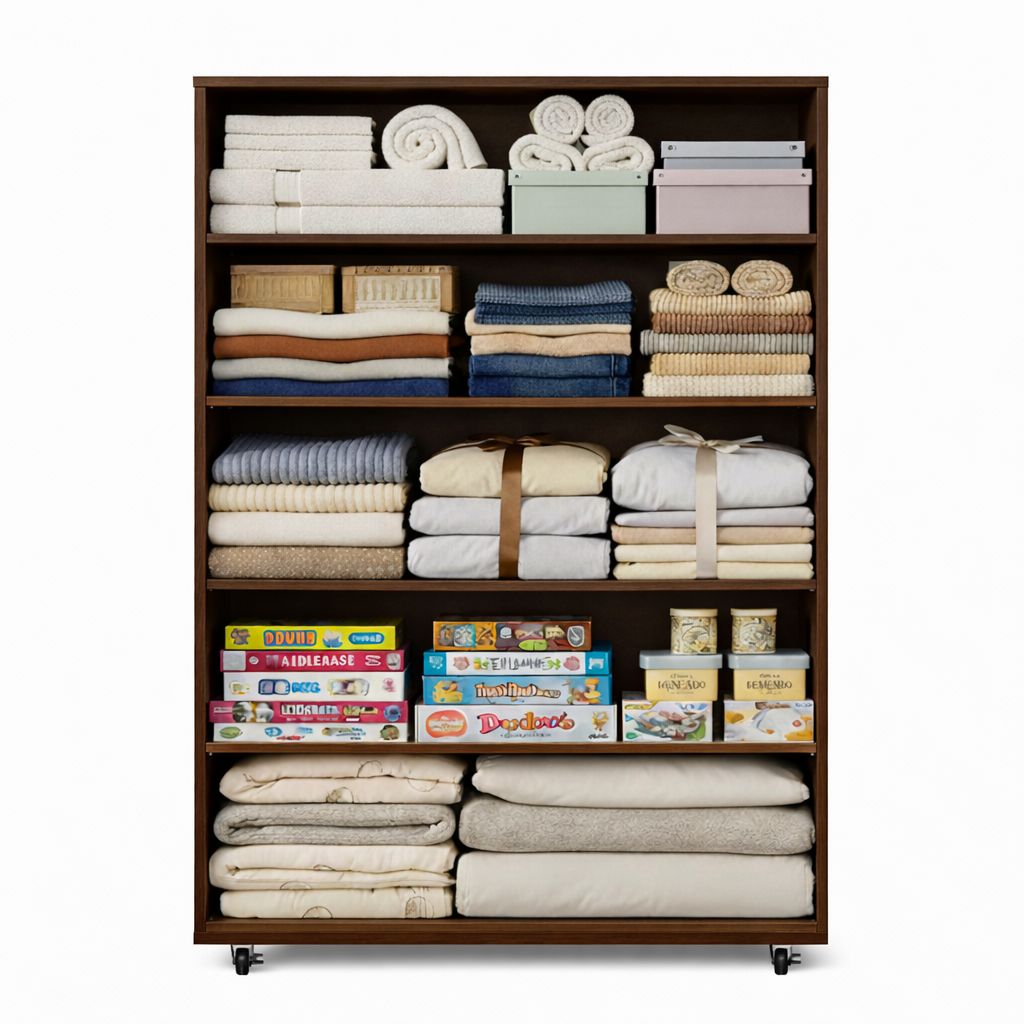 Open dark brown storage cabinet with shelves filled with linens and board games