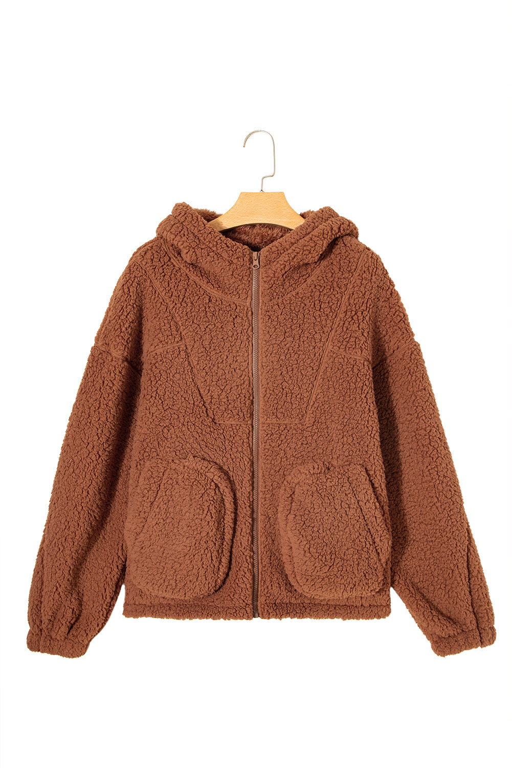 Brown sherpa fleece zip-up hooded jacket on a hanger, front view