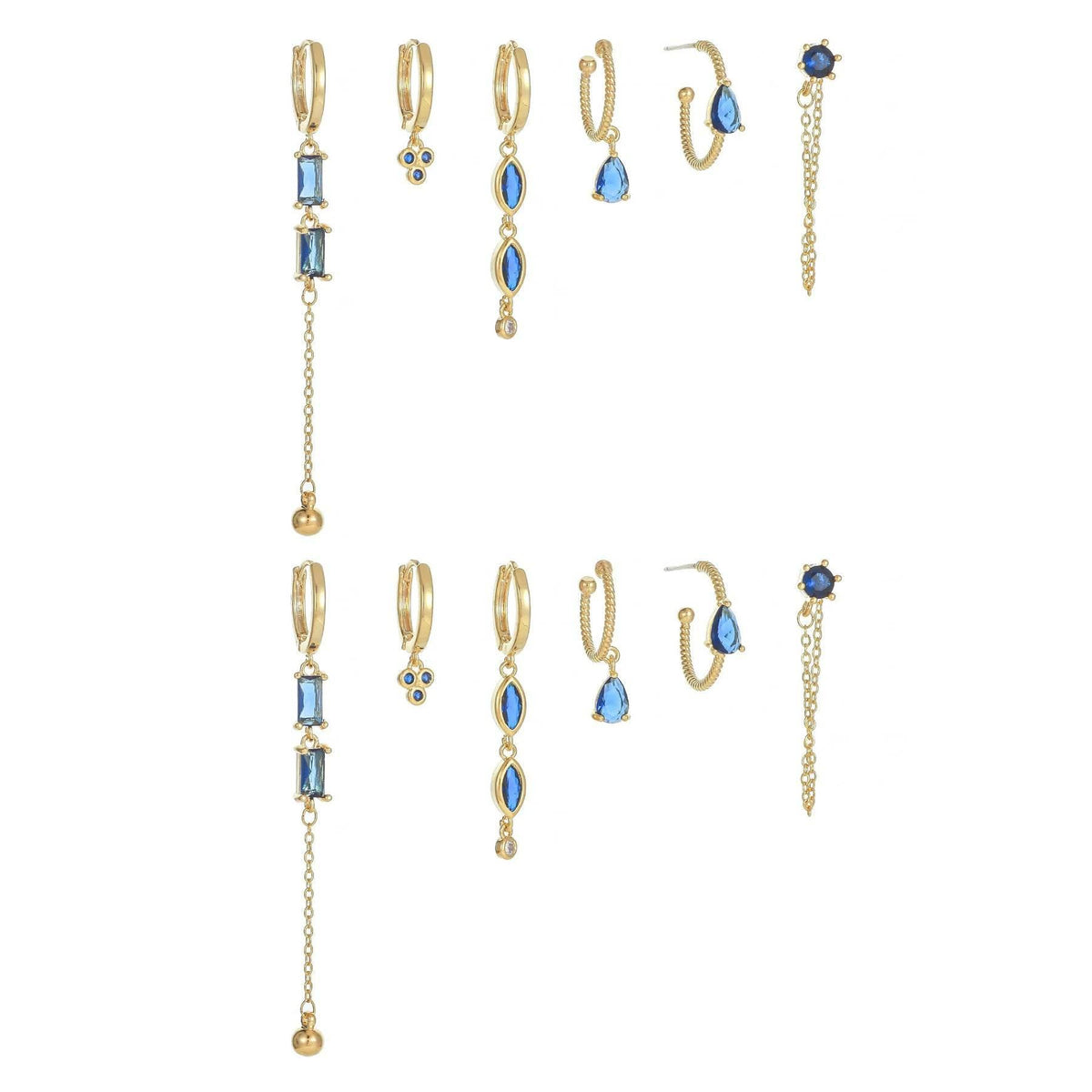 Mixed gold- and silver-tone long tassel earrings with blue teardrop stones and chain dangles