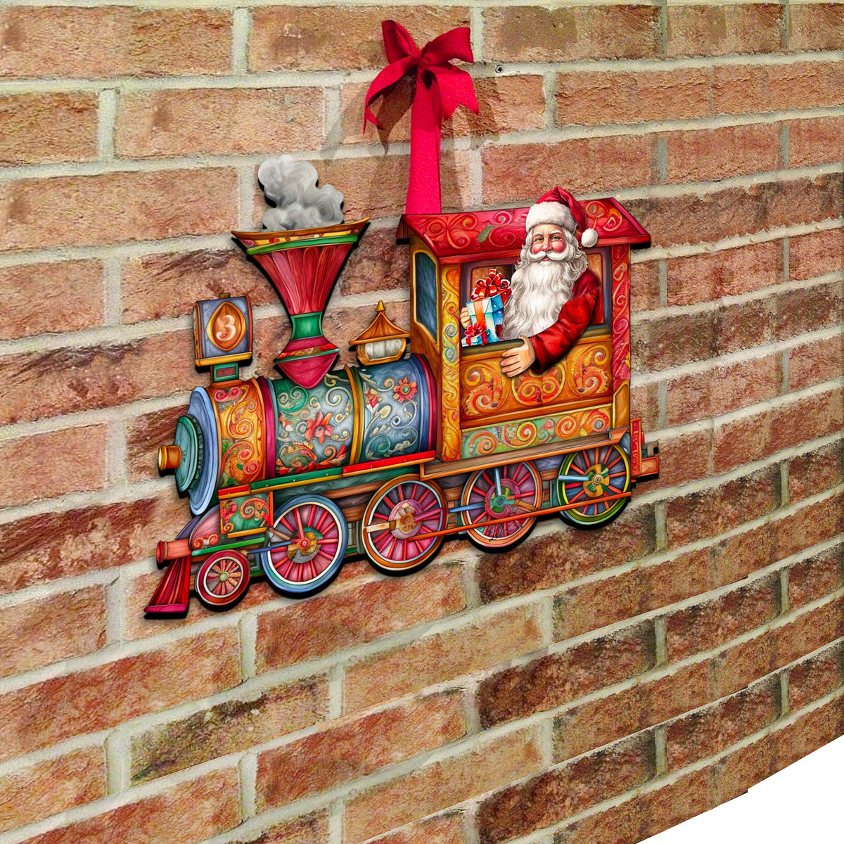 Santa train door decoration with snowman smokestack and ornate red cabin on wheels
