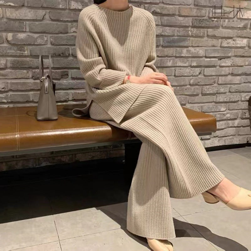 Knitted sweater and wide-leg pants set, light beige, ribbed knit, long sleeves