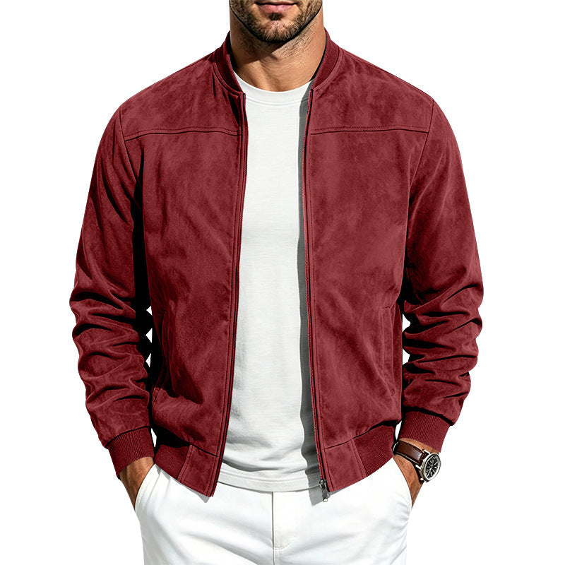 Men's suede zip-up jacket in dark red, full front zipper and long sleeves