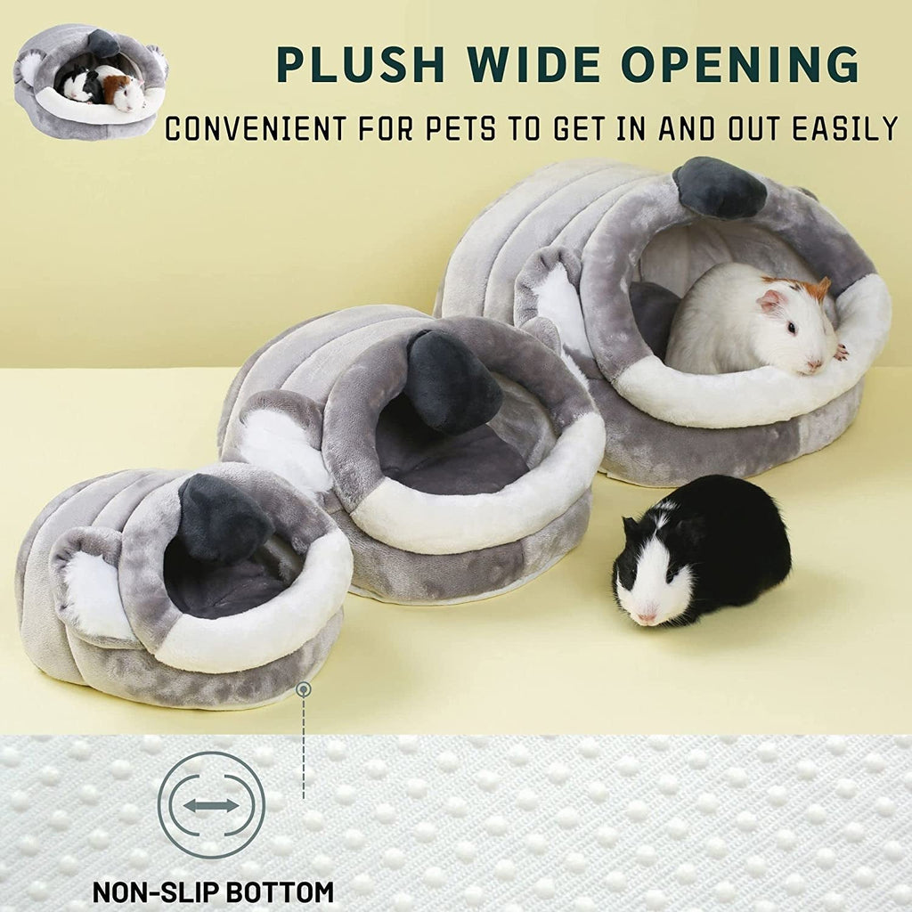 Gray plush pet bed with wide opening, shown in three sizes with a non-slip base