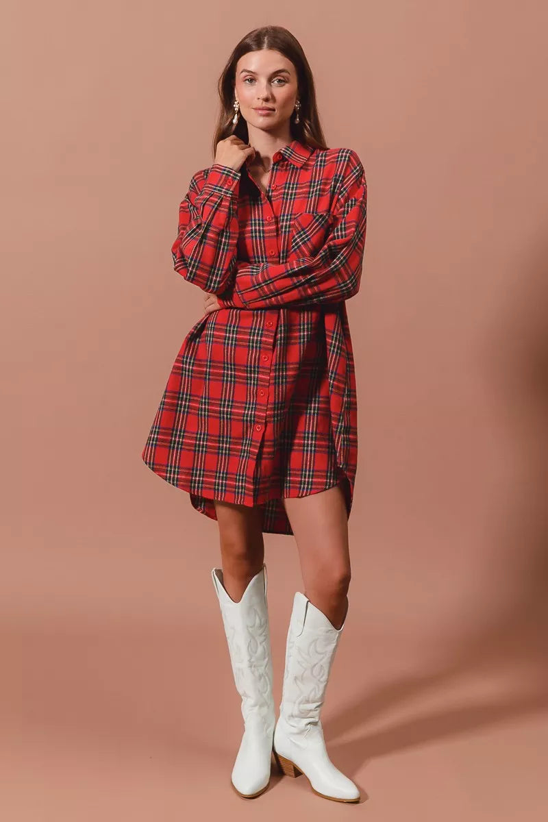 Red plaid button-up shirt dress with collar, waist tie, and long sleeves