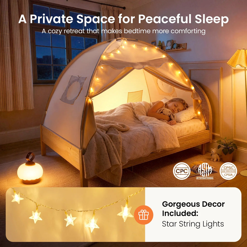 Tiny Land® kids bed tent at night with warm star string lights, dome canopy over bed