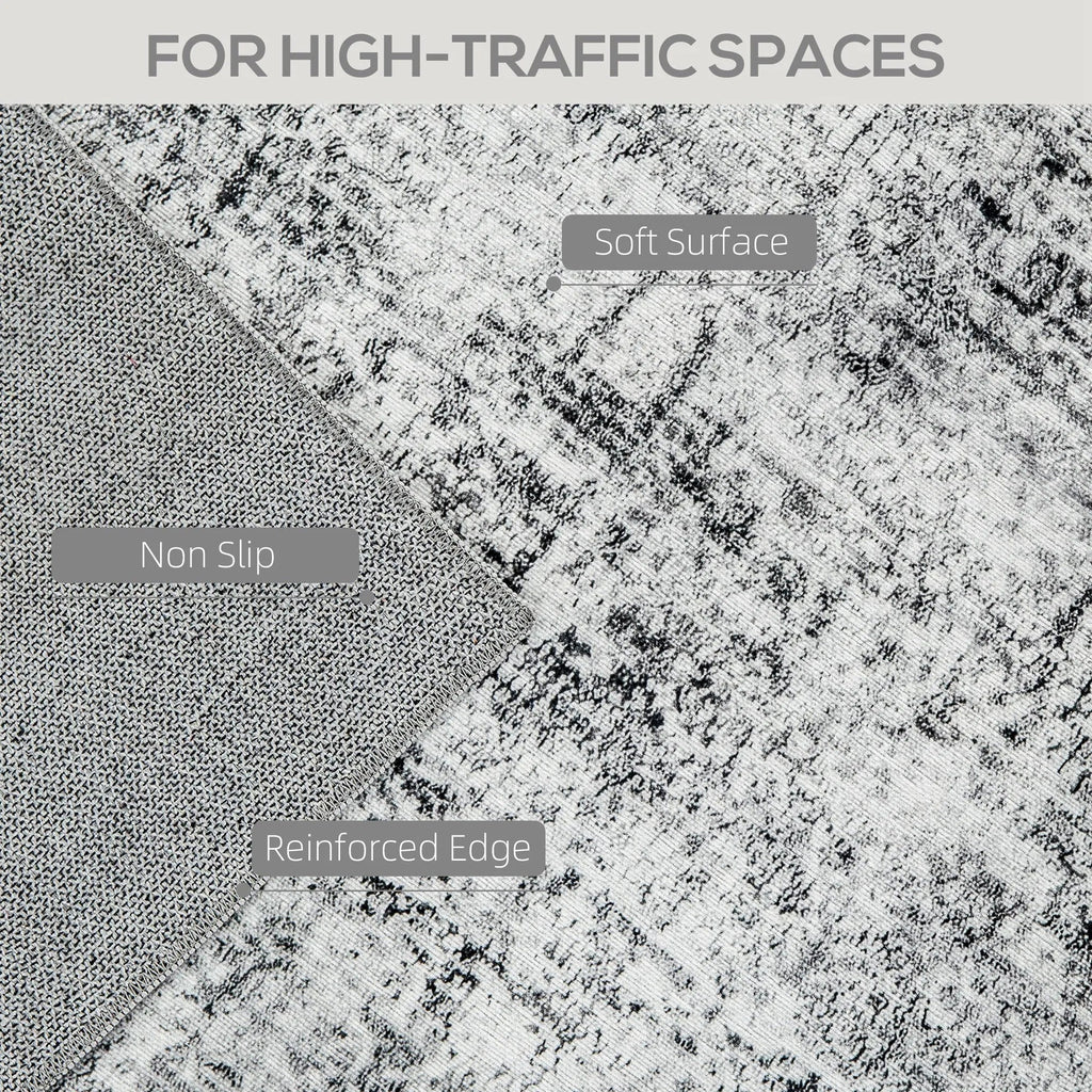 Grey abstract area rug corner with reinforced edge stitching