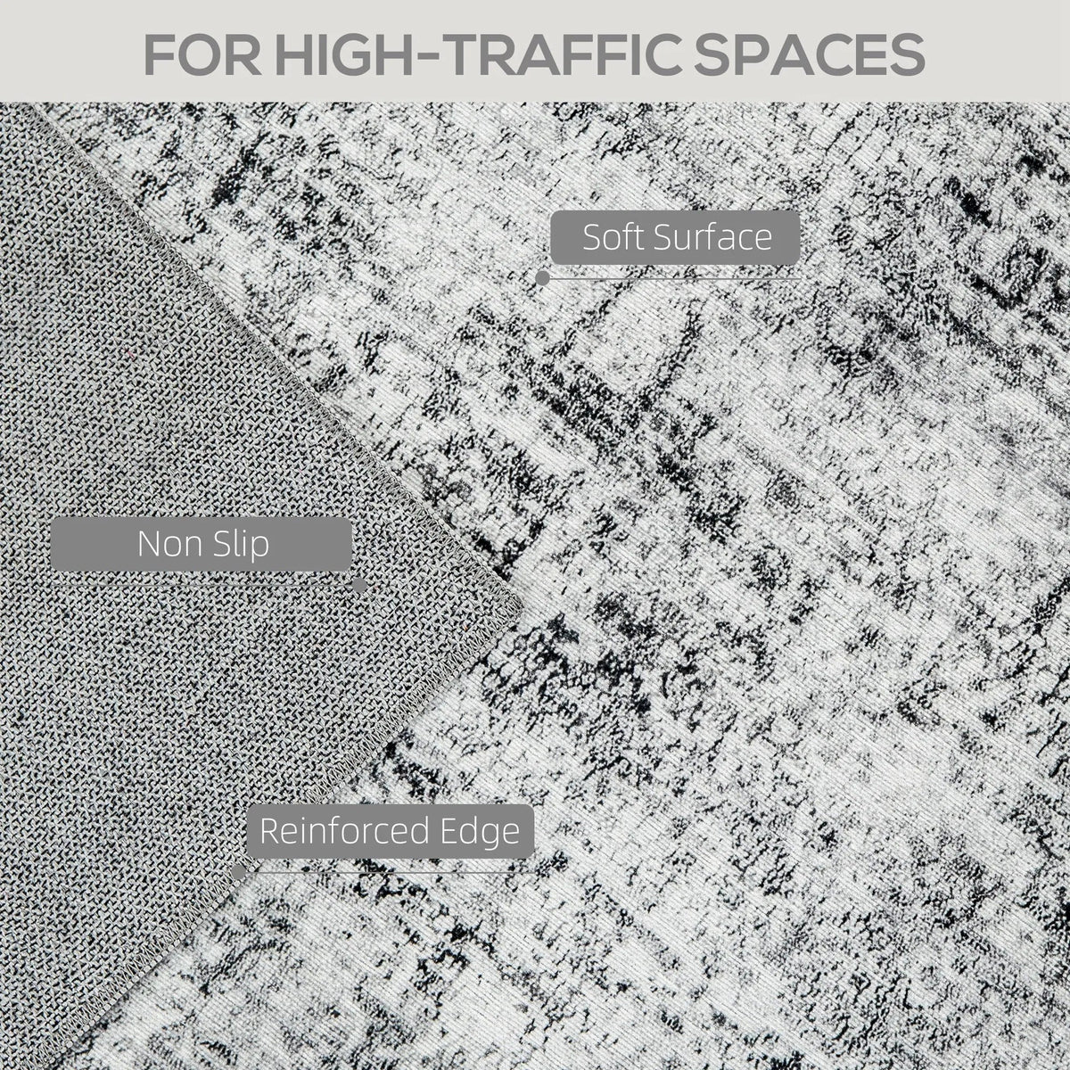 Grey abstract area rug corner with reinforced edge stitching