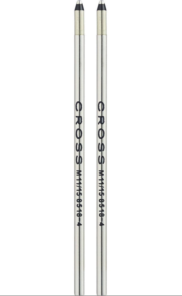 Two mini ballpoint pen refills with black medium ink, silver barrel and black tip