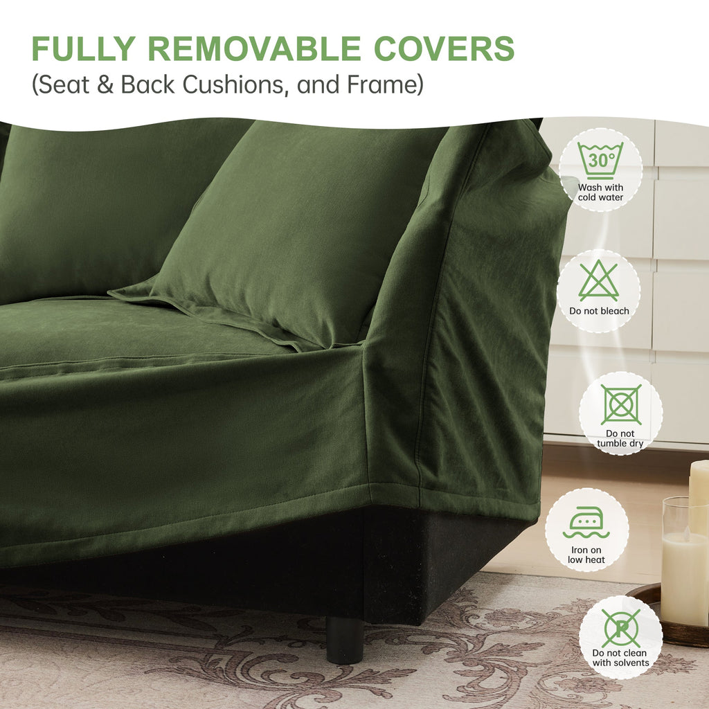 Green slipcovered sofa seat and back cushions with removable frame cover