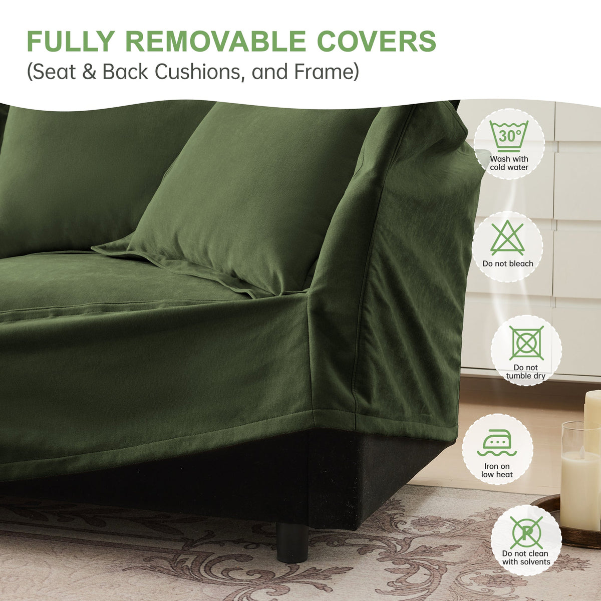 Green slipcovered sofa seat and back cushions with removable frame cover