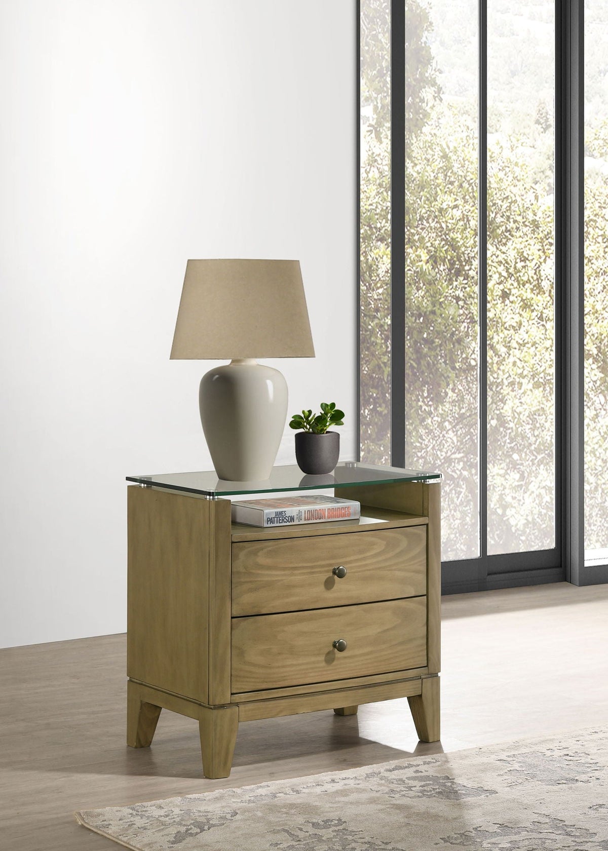 Natural pine 2-drawer nightstand with glass top, styled in a living space