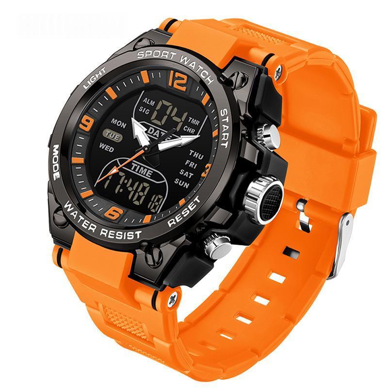 Waterproof dual-display sport watch, orange silicone strap with black dial and silver case