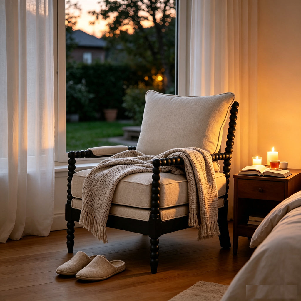 Upholstered accent chair with cream cushions, black beaded frame, and draped throw