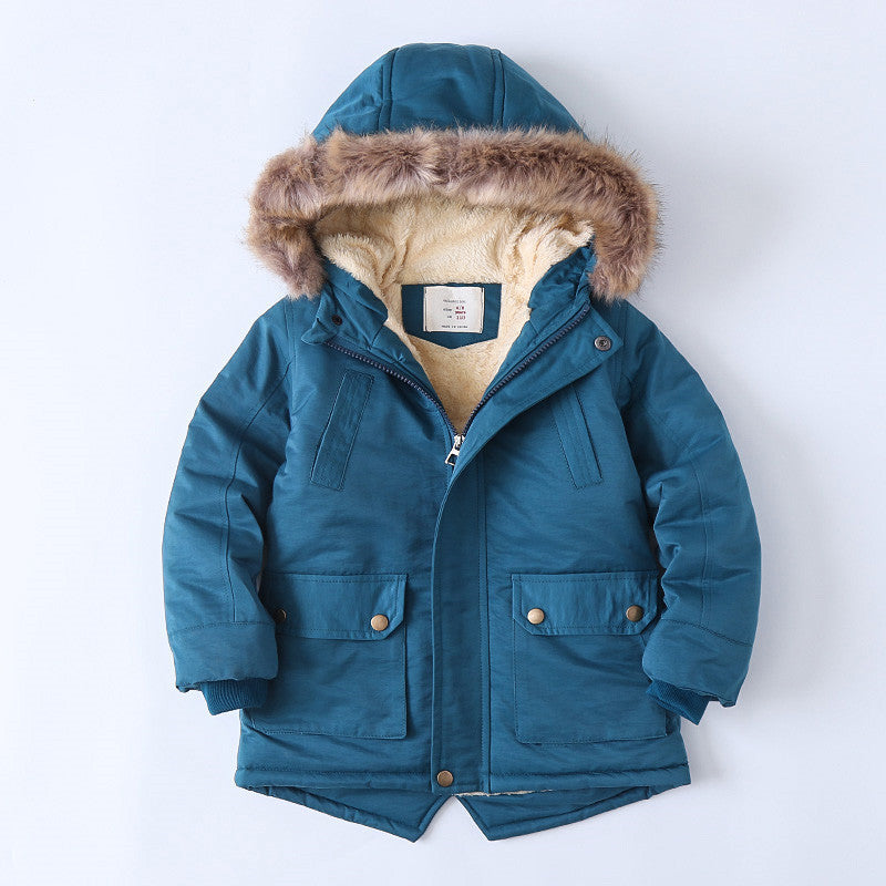 Boys insulated winter jacket with faux fur hood, teal blue, button flap pockets