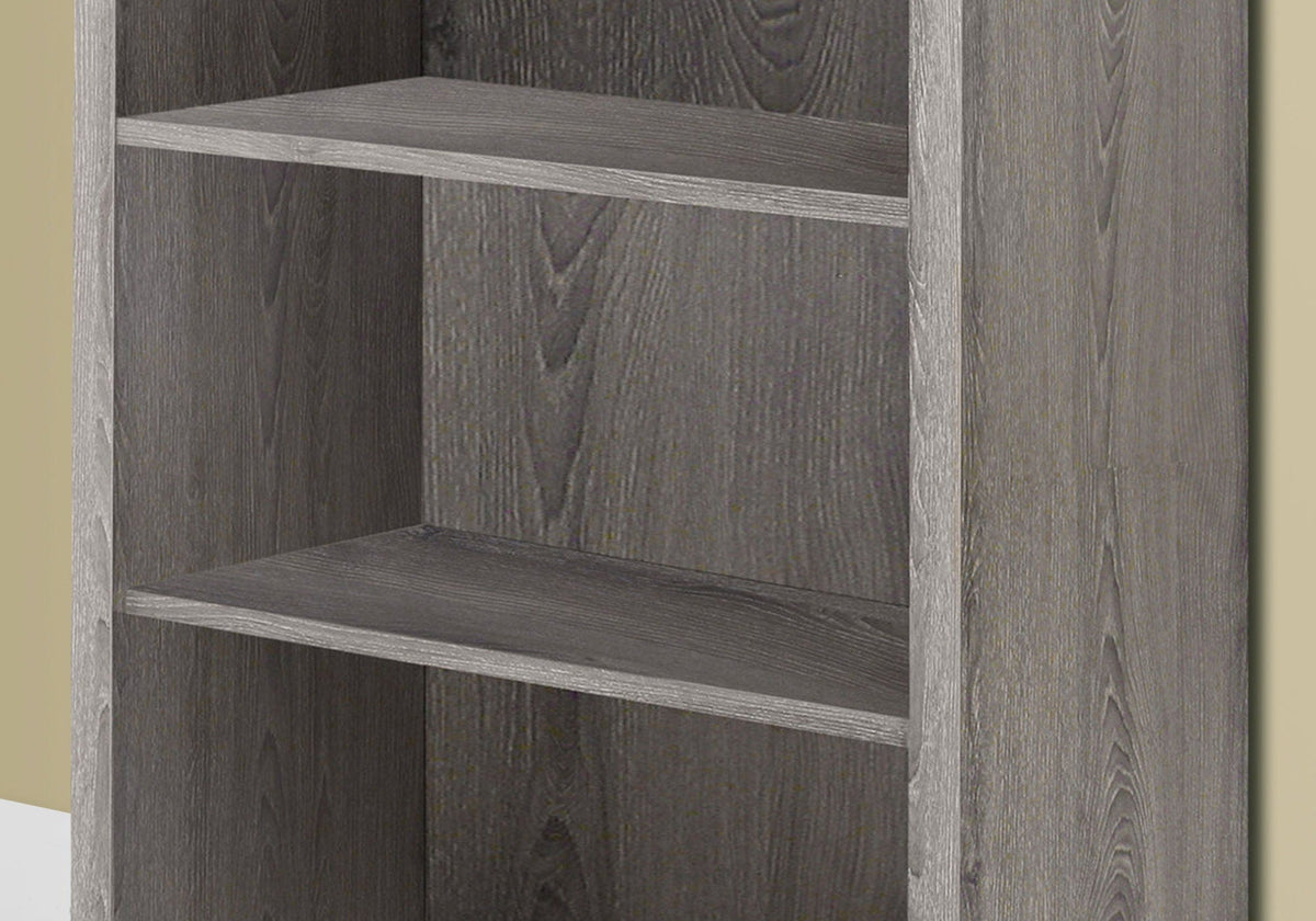 Dark brown open-shelf bookcase with multiple tiered compartments and wood-grain finish