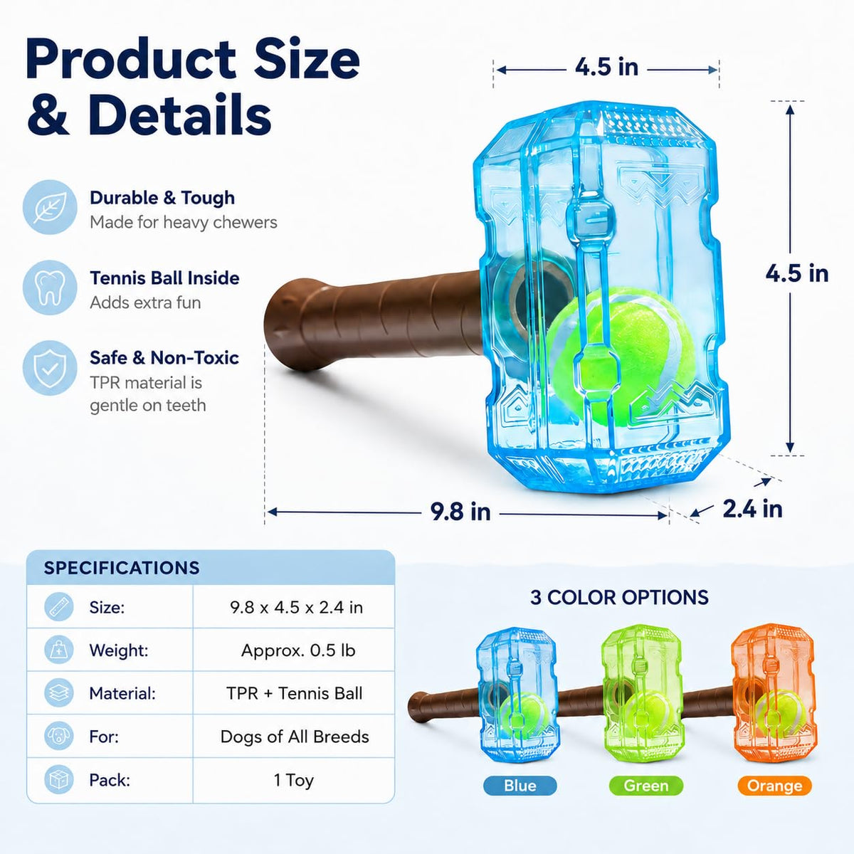 Blue tennis ball bottle dog chew toy with brown handle and tennis ball inside