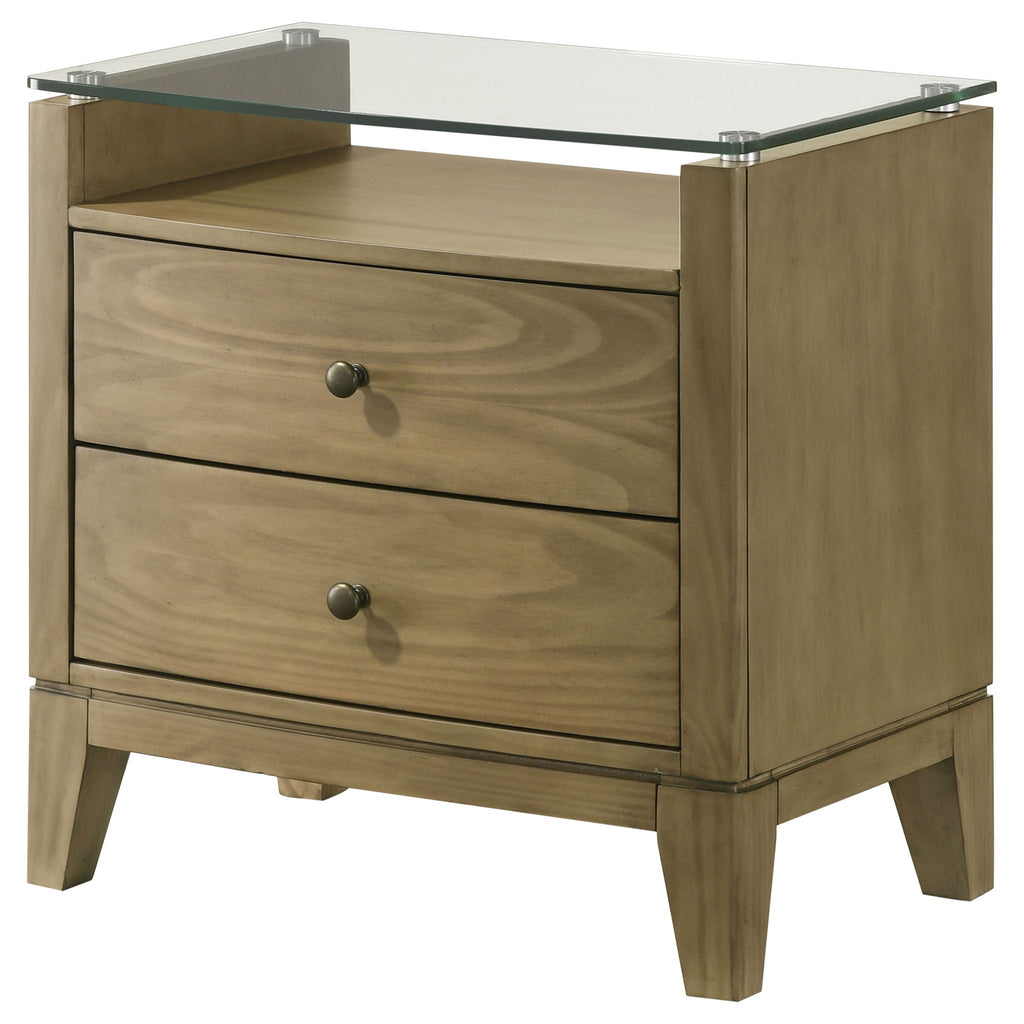 Natural pine 2-drawer nightstand with clear glass top and round metal knobs