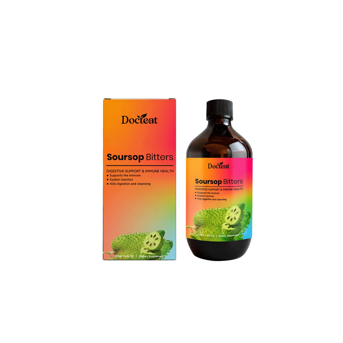 Soursop bitters supplement carton and dark bottle set, front-facing view
