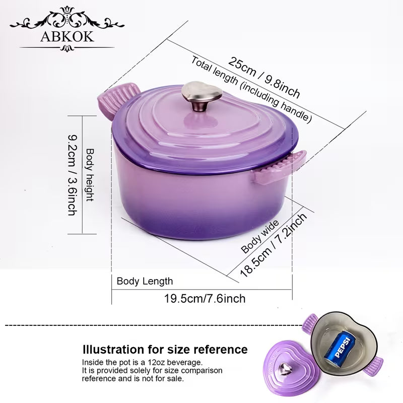 Purple enamel cast iron Dutch oven with round lid and heart-shaped knob, side handles