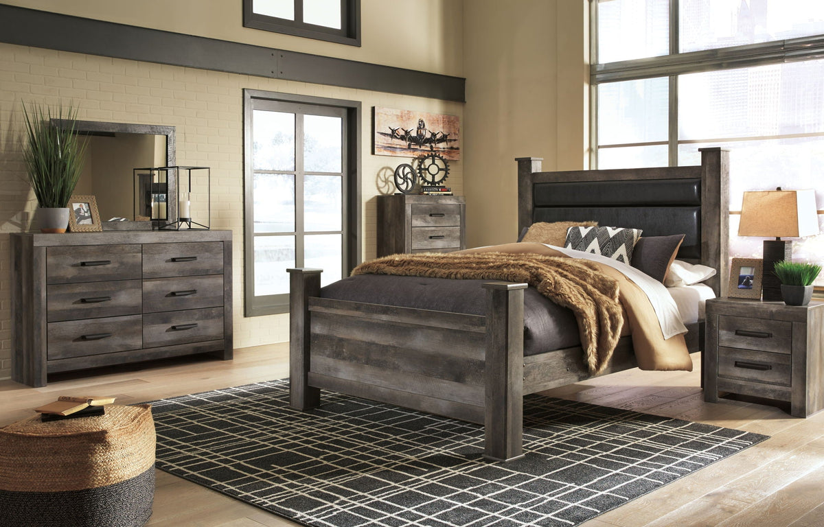 Gray wood bedroom set with bed frame, dresser, and matching nightstand pieces