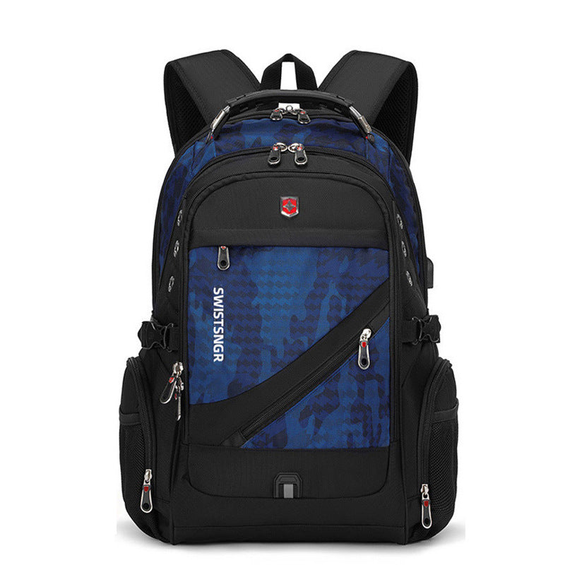 Black backpack with blue camo front panel, multiple zip pockets, padded shoulder straps