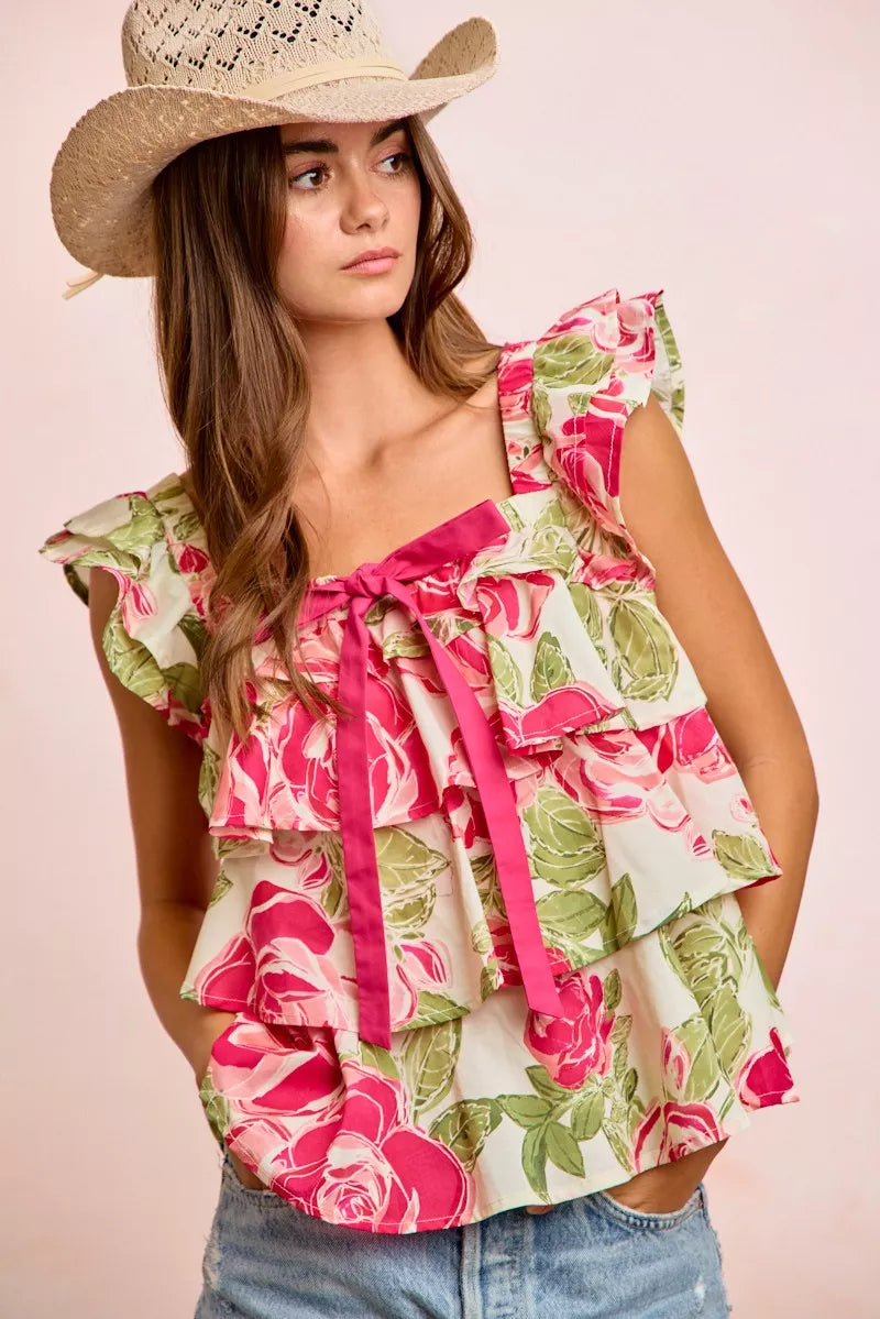 Floral print ruffle square-neck top with bow tie front, layered tiered bodice