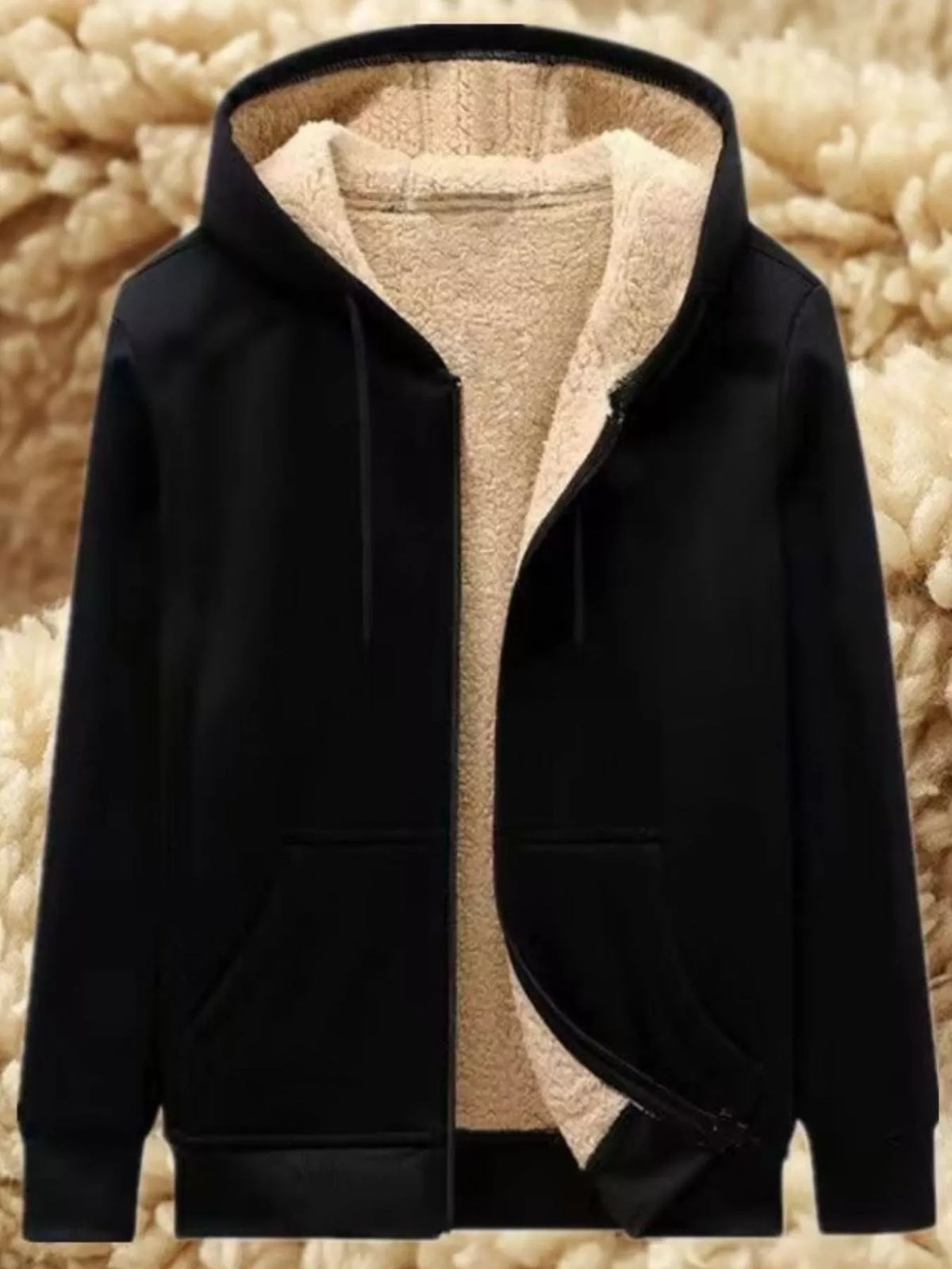 Black zip-up hooded fleece jacket with beige sherpa lining, front view